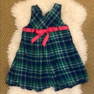 Girls blue and green dress with pink tie